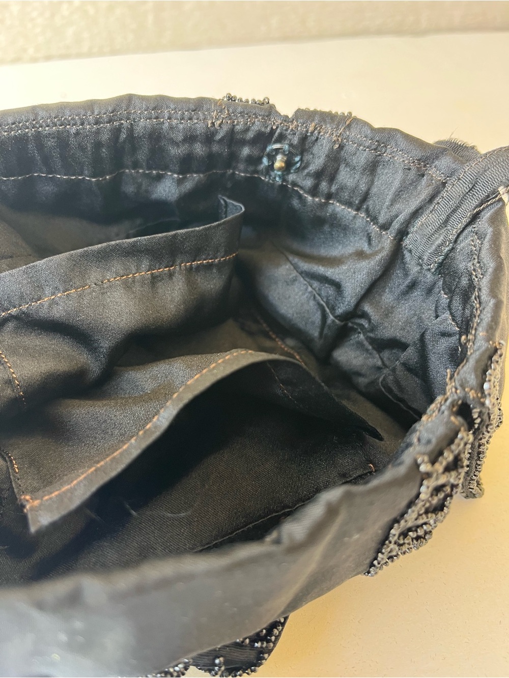 Vintage 1920s Black Beaded Drawstring Reticule Purse Tassel Evening Bag Taffeta - Picture 10 of 14